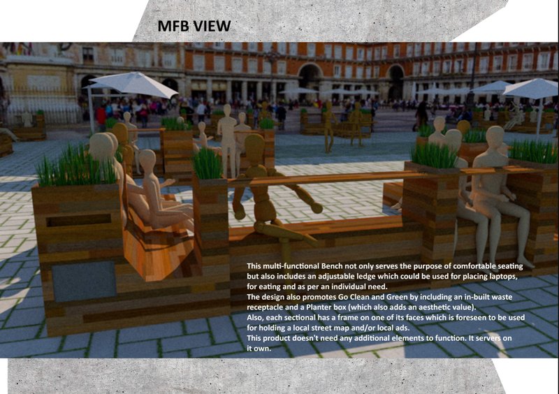 Multifunctional benches creating vibrant, interactive public spaces with greenery.