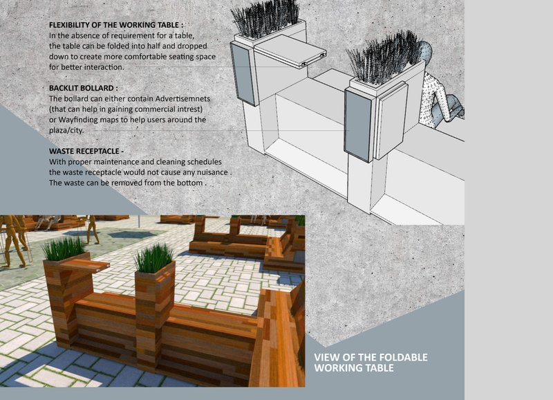 Foldable working table, backlit bollard, and integrated planter boxes enhancing flexibility and usability.