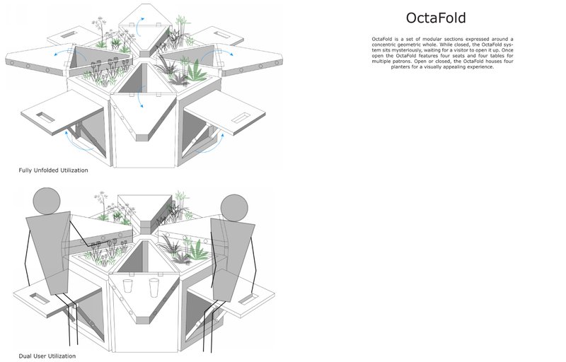 Diagram showing the unfolded utilization with integrated seating and greenery.