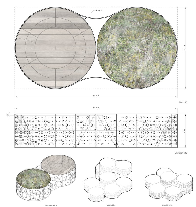 Detailed plan and elevation showcasing the flexible, perforated structure of Grobund’s urban biotopes.