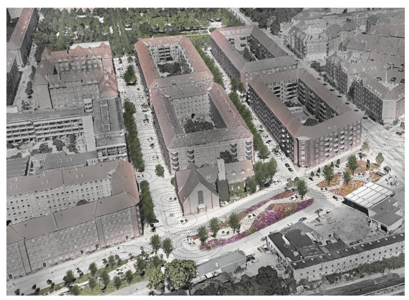 Aerial perspective of Grobund modules creating a connected green corridor within the cityscape.