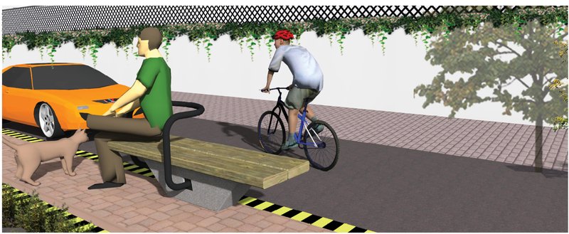 Rendering showing street furniture installation with pedestrians, cyclist, and overhead vine trellis along a sidewalk