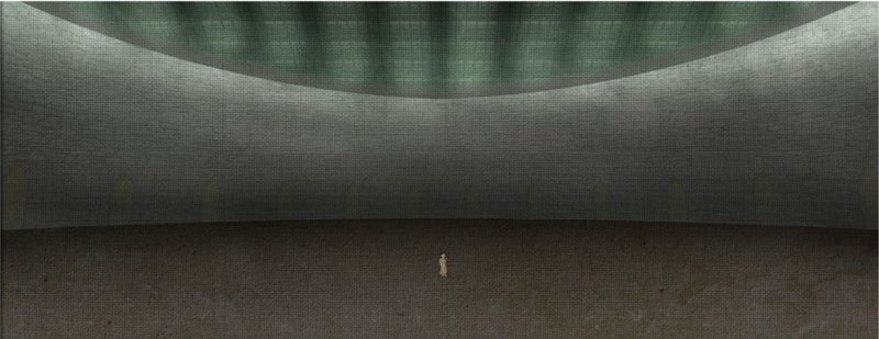 A terraced subterranean courtyard combining water and light to symbolize renewal and rebirth.