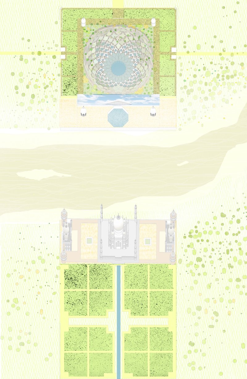Showing spatial organization and the hierarchy of pools, terraces, and pavilions.
