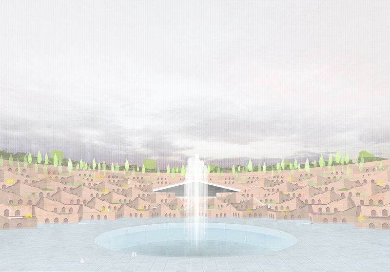 Illustrating the concentric geometry and layered descent toward the central pool.