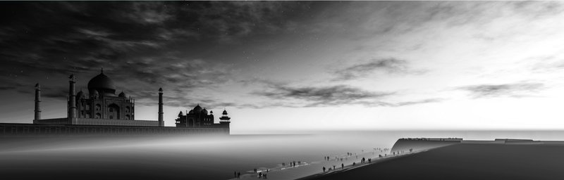 A contemplative view across the Yamuna River where the mythical Black Taj mirrors the illuminated Taj Mahal under a dusky sky.