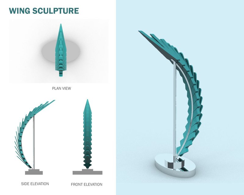 Plan, side, and front elevations of the Wing Sculpture — revealing structural proportions, form scaling, and spatial balance.