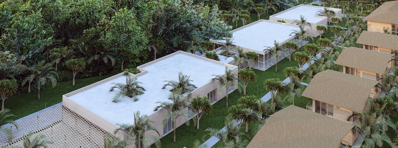 Aerial view reveals rhythmic spatial organization — volumes woven amid cacao groves for minimal ecological disruption.