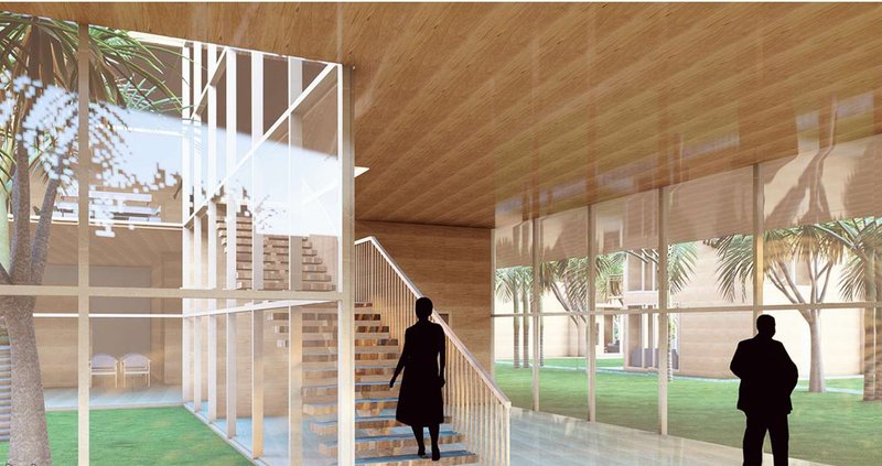 Natural light filters through timber structures, creating visual continuity between interior spaces and the lush outdoors.