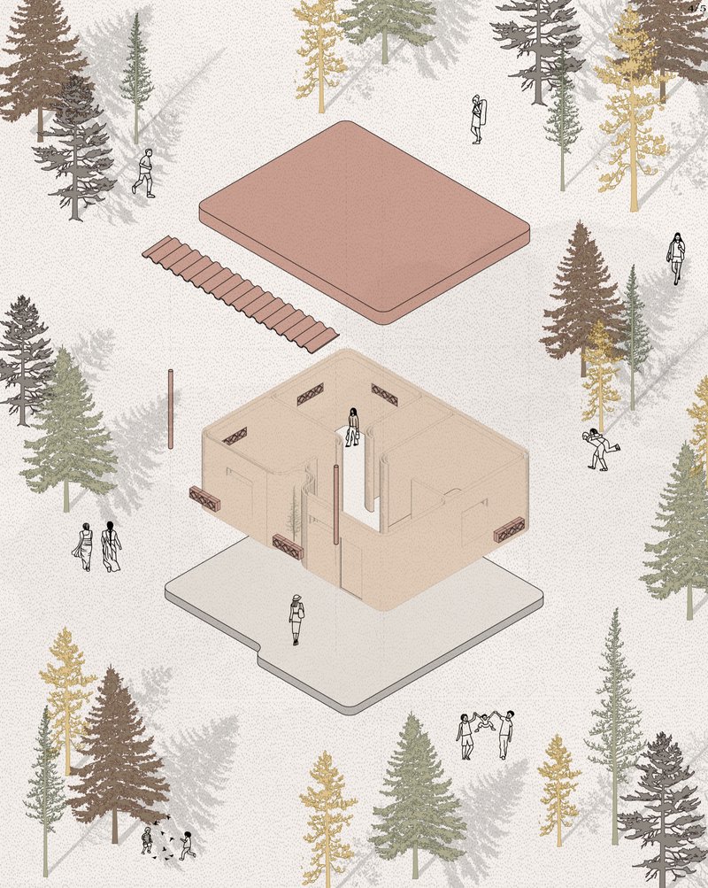 Exploded axonometric drawing of a dwelling unit showing foundation slab, interior walls, and pitched roof with figures