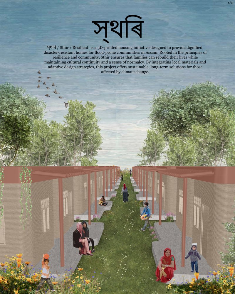 Perspective rendering showing rows of single-story housing units along a shared green corridor with residents and trees