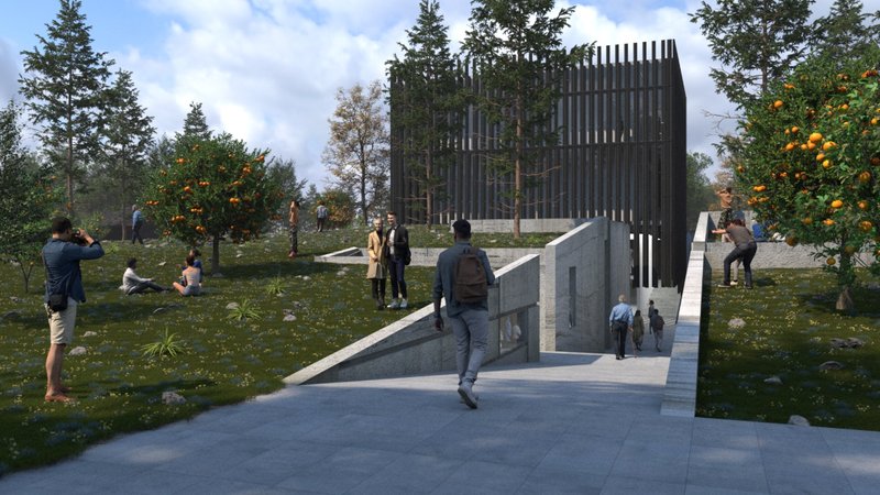 Visitors ascend through a serene landscape toward the museum’s entrance, where modern geometry harmonizes with nature.