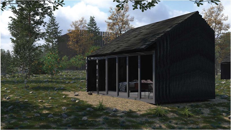 A minimalist wooden cabin sits among cacao trees, merging private reflection with the forest’s organic rhythm.