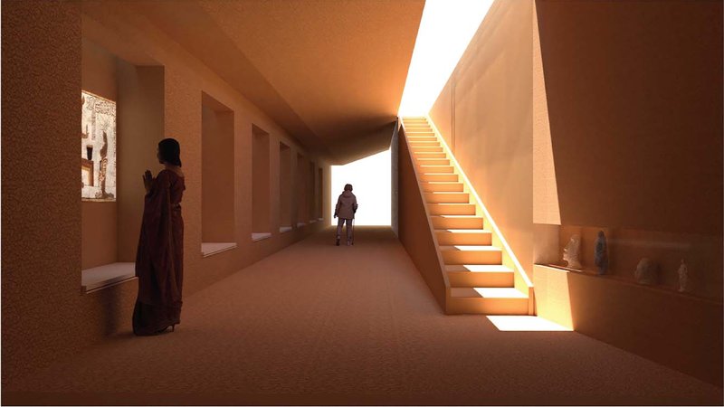 Soft light filters through earthen walls, guiding visitors in a meditative journey between shadow and illumination.