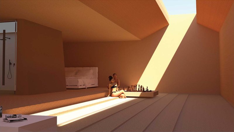 Daylight pours through sculpted openings, creating a tranquil space for rest and contemplation within the earth-toned interiors.