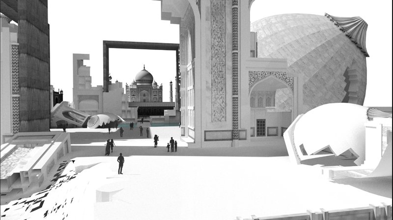 A monumental frame aligns the mythical Black Taj with the eternal white marble tomb.