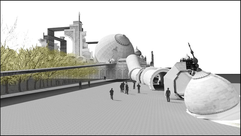 A linear procession through disassembled domes evokes the journey of lost grandeur.