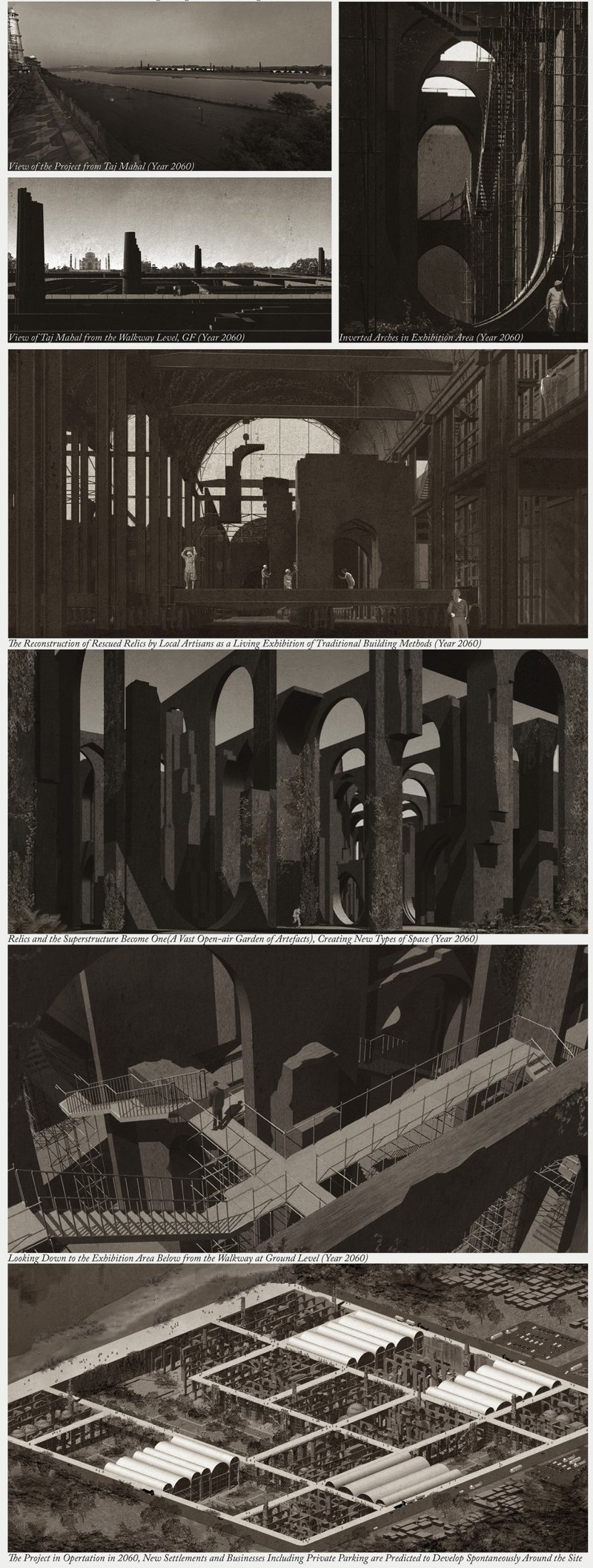 The imagined ruins appear across the Yamuna, creating a visual dialogue with the Taj Mahal.