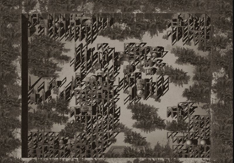 The evolving urban fabric envisioned as an architectural forest of incomplete forms.