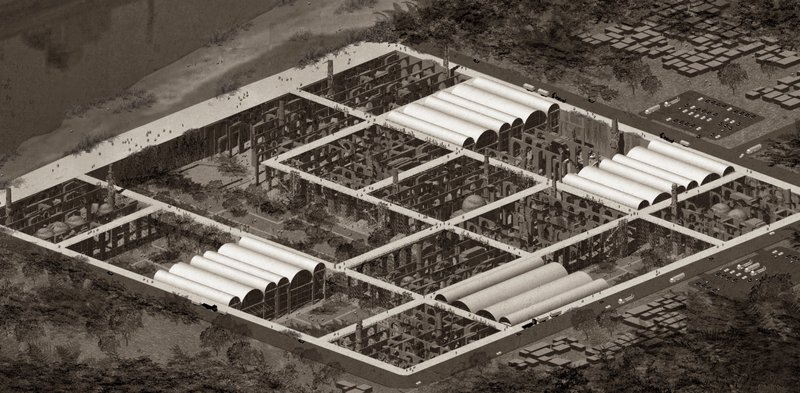 The monumental ruins unfold across a structured landscape, bridging imagination and preservation.