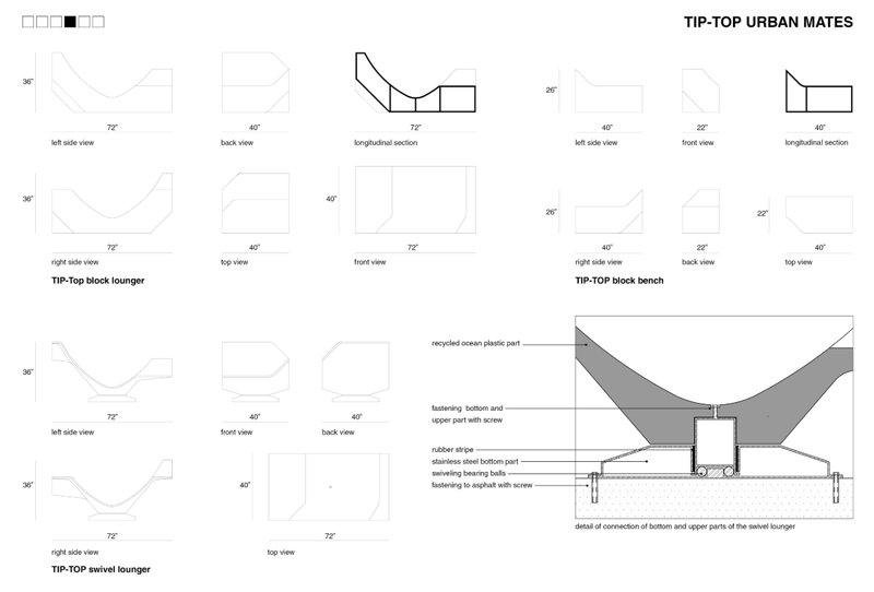Detailed architectural drawings illustrating dimensions, sections, and construction details of the recycled plastic loungers and benches.