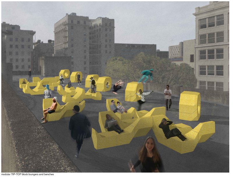 Render showcasing the Tip-Top Urban Mates on the parking rooftop — transforming an underused surface into a social and sustainable retreat.