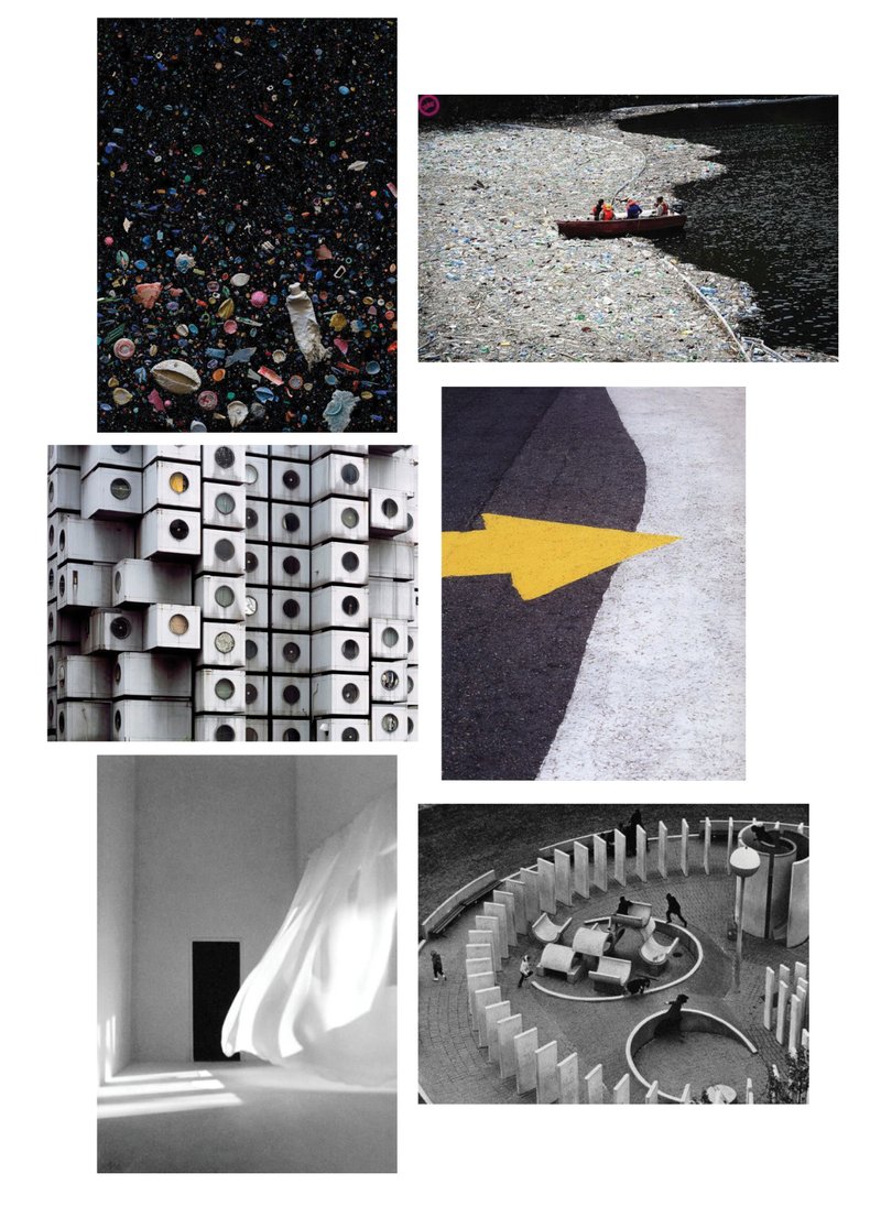 Visual references highlighting material inspiration, modular form language, and minimalist spatial expressions that informed the project’s architecture.