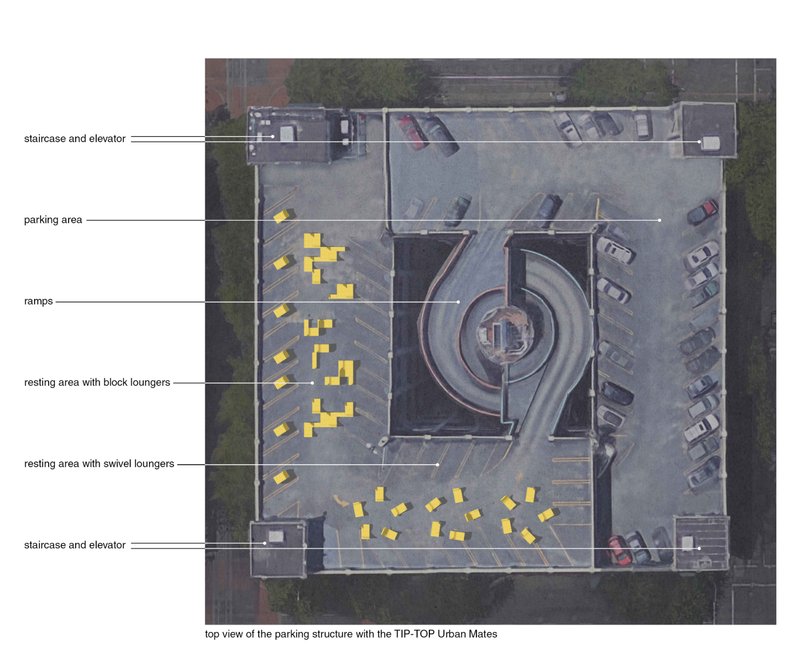 Top view of the SmartPark rooftop in Portland showing the modular layout of Tip-Top Urban Mates — a model for sustainable urban architecture.