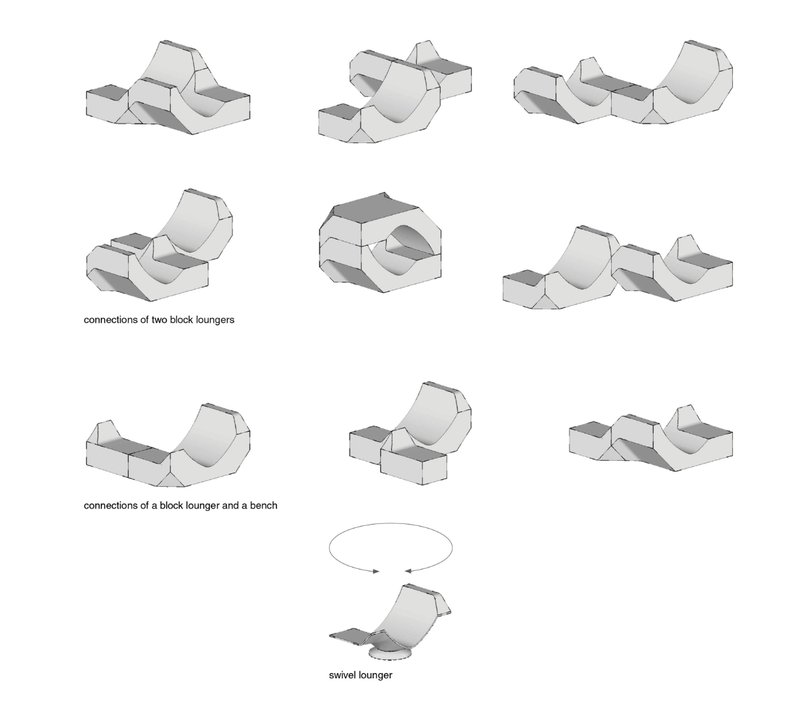 Configurations of the modular Tip-Top loungers and benches that form the foundation of this adaptive urban furniture system.