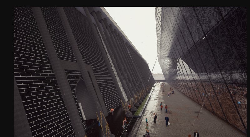 The corridor’s steep black masonry walls echo Mughal rhythm while introducing a futuristic architectural narrative of voids and reflections.