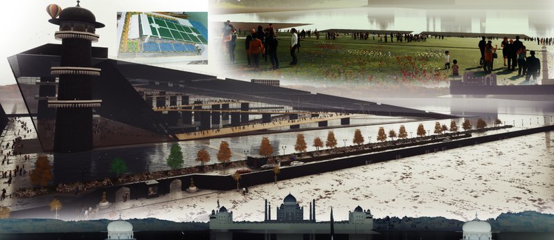 A panoramic vision of the Black Taj — merging reflection, landscape, and monumentality in a modern interpretation of Mughal architecture.