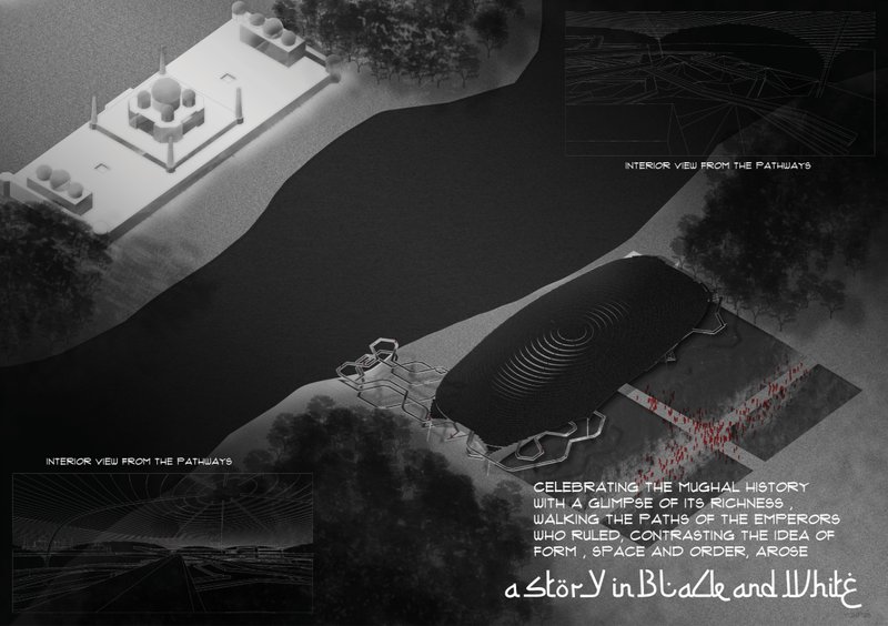 Aerial visualization showing the conceptual contrast between the Taj Mahal and its speculative counterpart, The Black Taj.