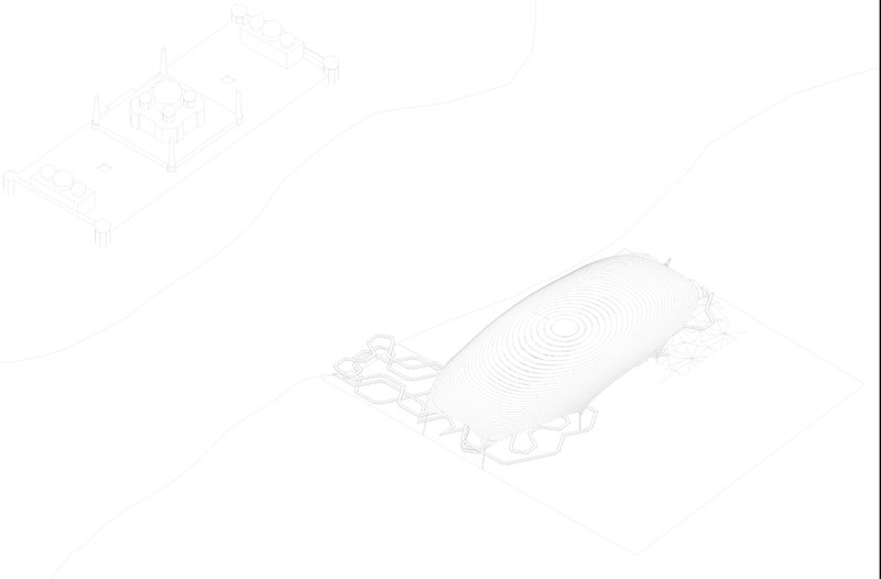 Architectural wireframe displaying the form development of the Black Taj pavilion through layered geometric contours.