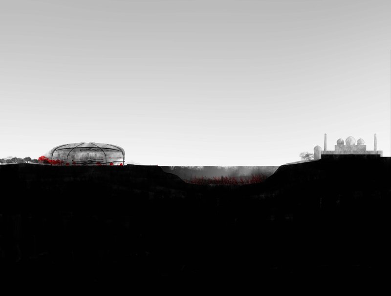 Sectional elevation showcasing the reflective relationship between the Taj Mahal and the modern pavilion across the river.