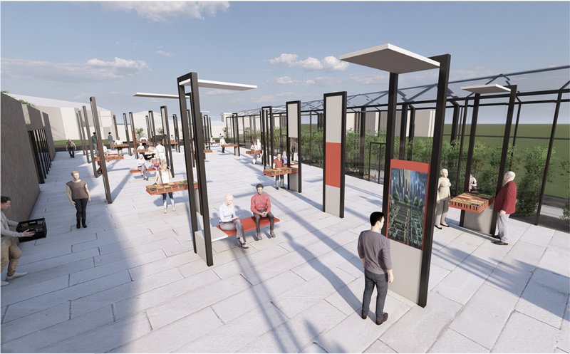 Flexible steel-and-aluminum modules adapt for seating, display, and shading, fostering community interaction through design.