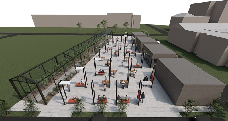 An overview of the rural-urban interface showing the greenhouse, open marketplace, and modular social zones in harmony.