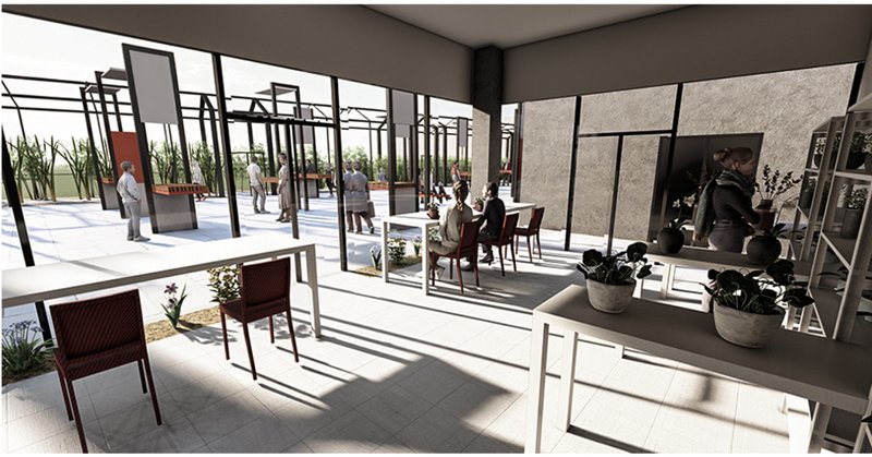 Café and workshop interiors seamlessly connect to outdoor market spaces, promoting natural light, greenery, and community exchange.