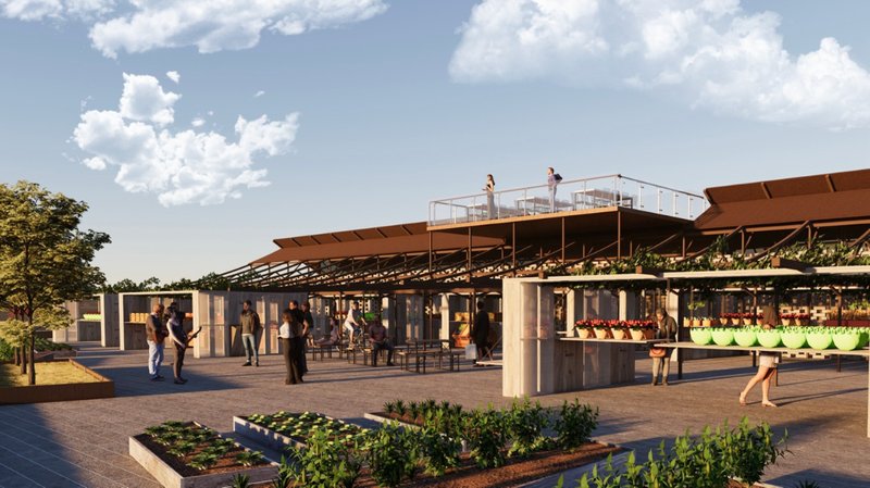 Open-air market pavilion with rooftop terrace, planted beds and visitors gathering at midday