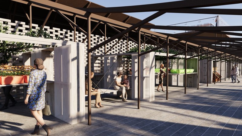 Open timber pergola with steel columns shading a paved plaza where visitors walk beneath patterned brickwork