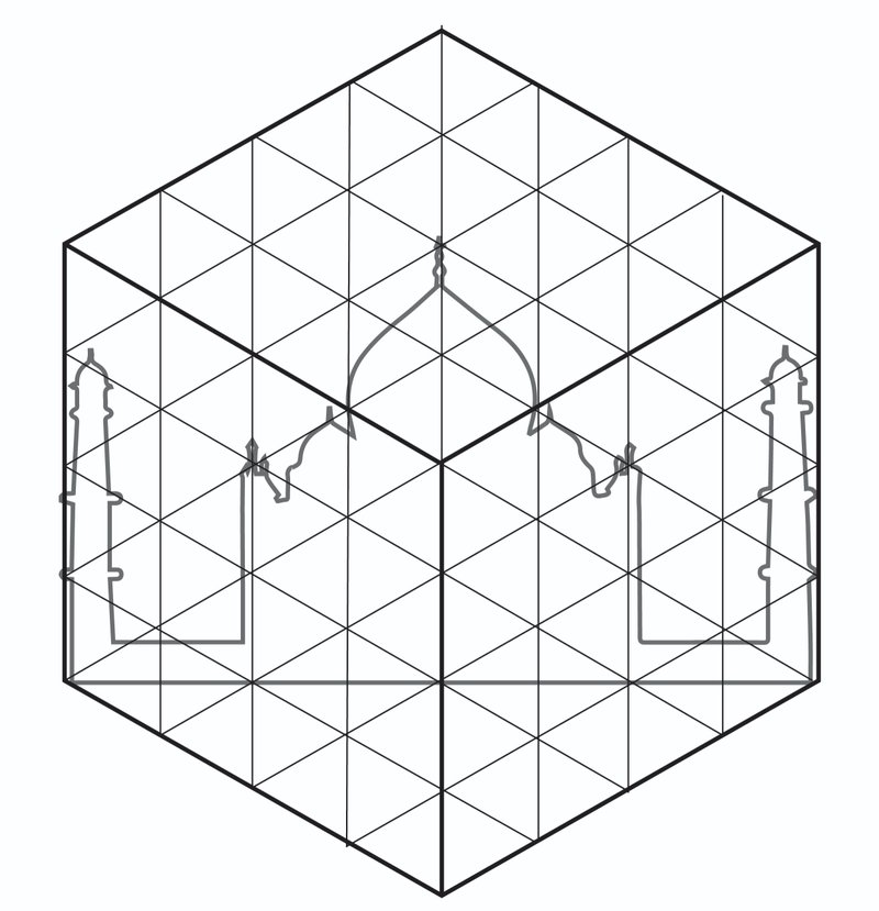 Axonometric drawing of a hexagonal structure with triangulated frame and two symmetrical openings on opposite sides