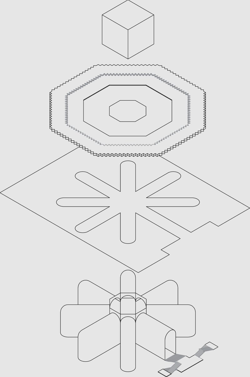 Exploded axonometric drawing showing layered geometric components from cube to octagonal form to cross-shaped base