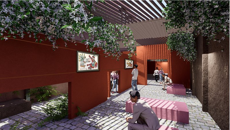 Narrow passage with red walls, timber pergola overhead and paved floor dappled in afternoon light