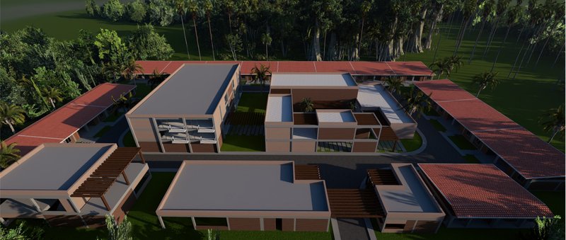 Captures the harmony between modern structures and the surrounding cocoa landscape.