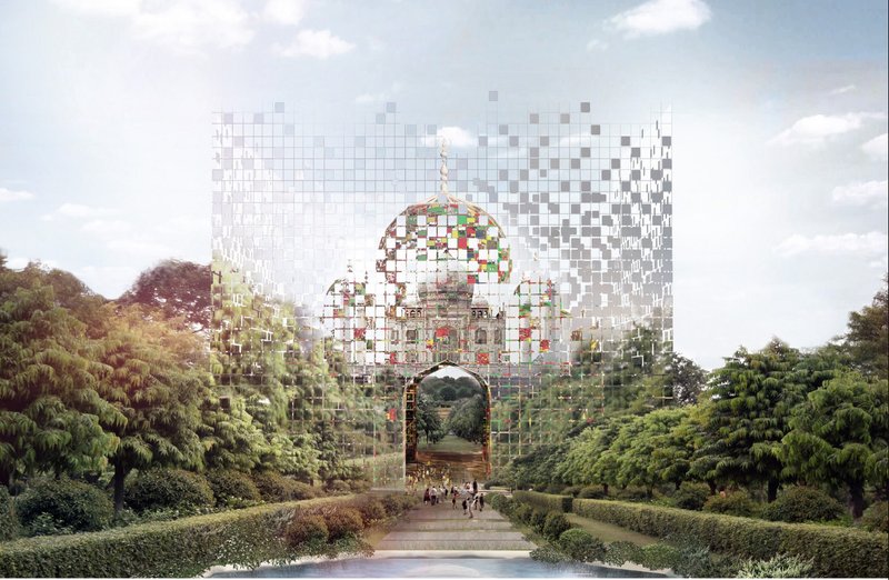 A glass pixelated pavilion mirroring the Taj Mahal, symbolizing the fusion of past and present in architectural heritage conservation.