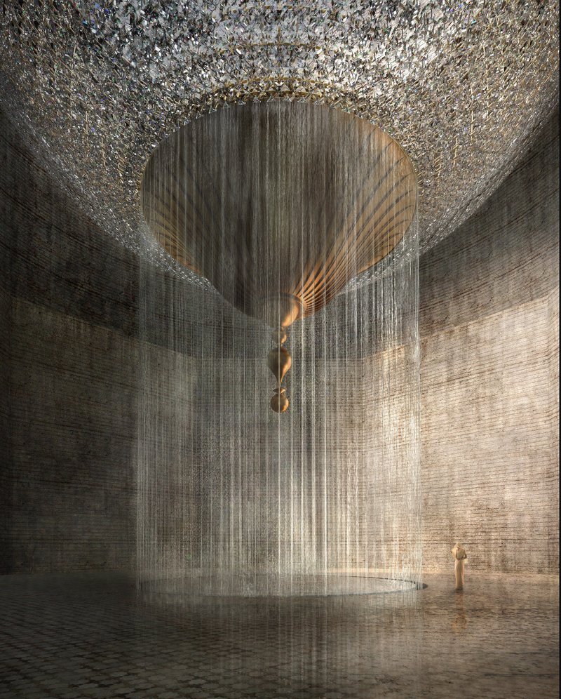 A serene descent into the Black Taj’s inner sanctum, where cascading light and water form a meditative architectural experience.