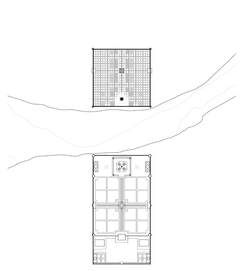 An aerial site layout showing Mehtab Bagh’s restored Mughal geometry and the alignment with the Taj Mahal across the river.