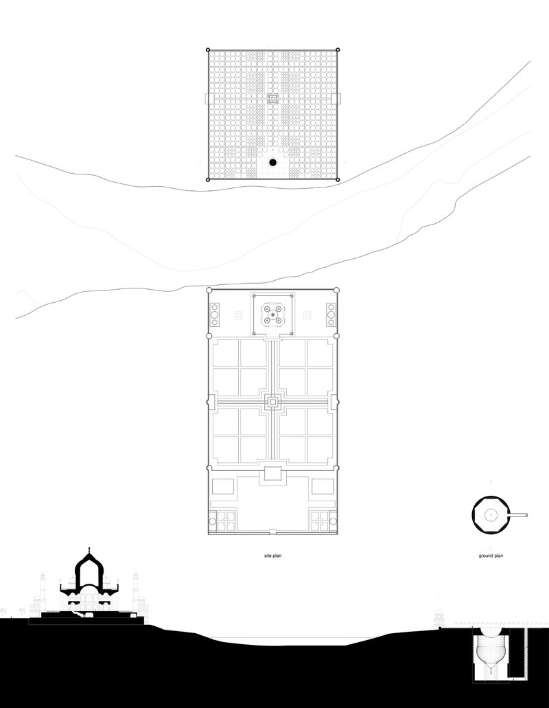 A detailed sectional drawing revealing the Black Taj’s subterranean void and its spatial relationship to the riverbank and Mughal garden.