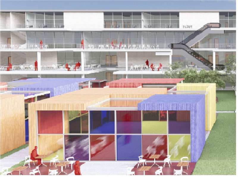 Modular dining cubes and stepped terraces create a seamless indoor-outdoor experience.