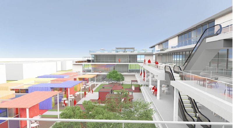 The uppermost level offers panoramic dining with ocean views, greenery, and communal seating.