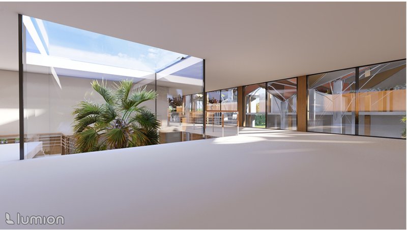 The colorful tensile canopy forms the project’s architectural heart — shading, collecting rainwater, and animating public life.